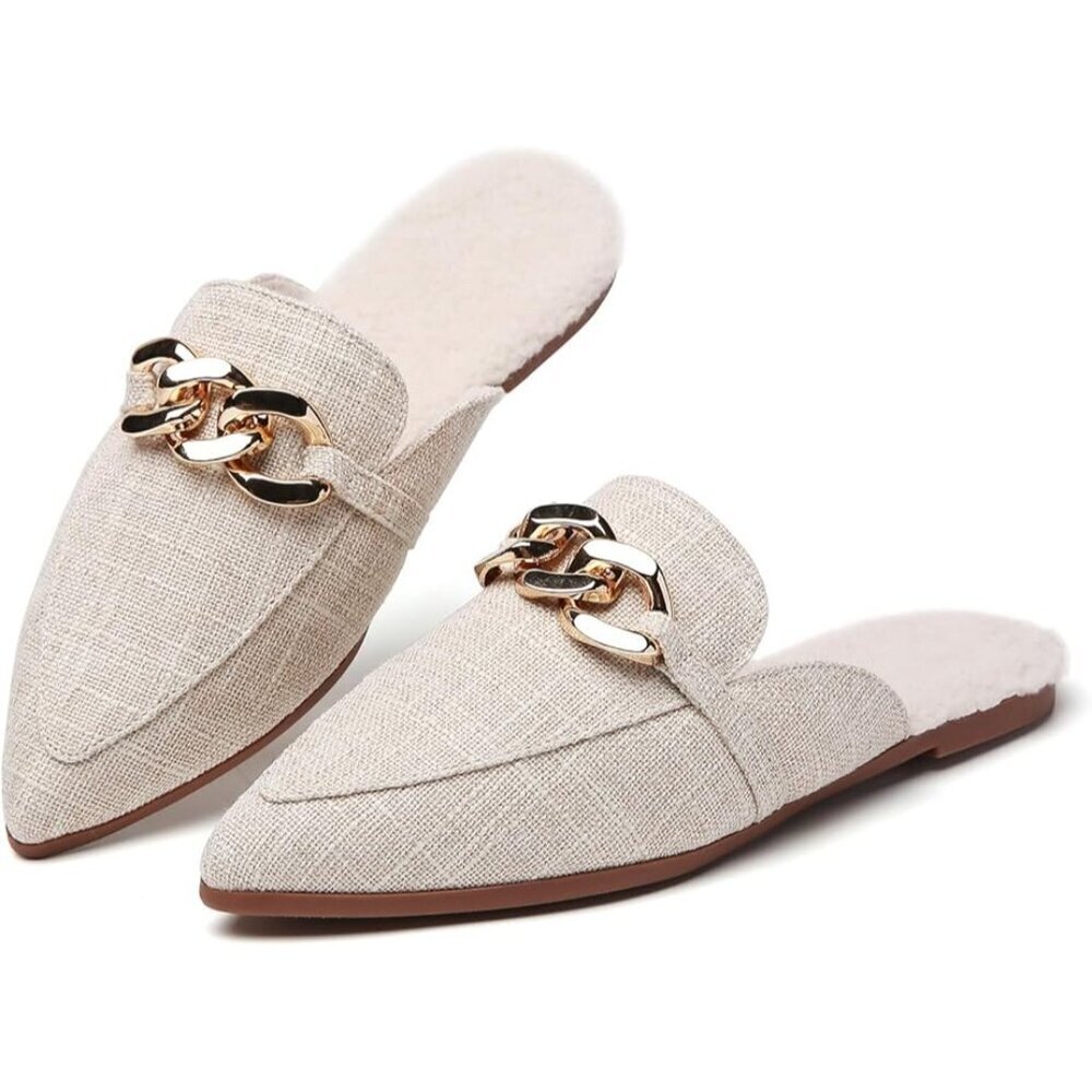 Beige Pointed-Toe Flat Mules with Metal Chain, Sherpa-Lined Backless Loafers Siz - Picture 3 of 9